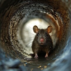 a rat inside a sewer pipe - obrazy, fototapety, plakaty
