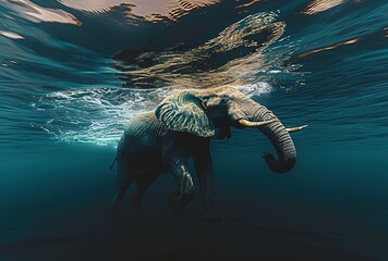 Underwater exploration of the majestic elephant: a unique look at the graceful movements of this giant mammal in a surreal aquatic environment - obrazy, fototapety, plakaty