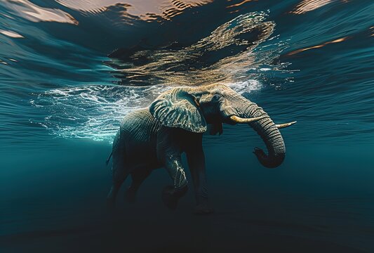 Underwater exploration of the majestic elephant: a unique look at the graceful movements of this giant mammal in a surreal aquatic environment