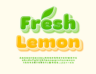 Vector delicious label Fresh Lemon. Artistic Green 3D Font. Modern Alphabet Letters, Numbers and Symbols set.