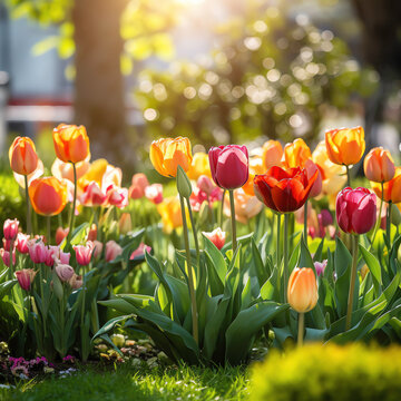 a group of tulips in a garden
