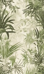 Fototapeta na wymiar Green and gray wallpaper with jungle plants of various sizes, in the style of exotic landscapes. Seamless background with leaves