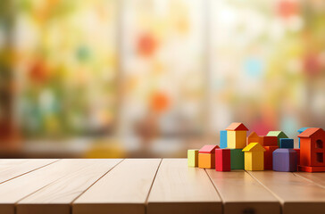 a group of colorful blocks on a wooden surface