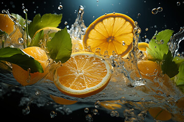 Pomarańcze w Wodnej Eksplozji. Plastry pomarańczy eksplodują w strumieniu wody, tworząc orzeźwiający widok. - obrazy, fototapety, plakaty