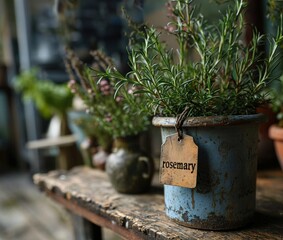Rosemary in a flowerpot on a wooden table