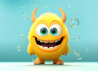 a yellow furry monster with horns and horns standing next to bubbles