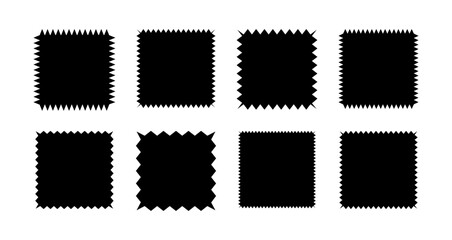 Rectangles with zigzagging and wavy edges. Jagged geometric shapes for stickers, tags and labels. Isolated vector illustration on white background.