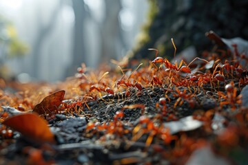 Obraz premium macro shot of a colony of red fire ants in the forest
