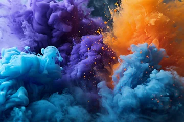 Rolgordijnen Multicolored neon smoke. and colorful explosions Abstract psychedelic black dark background. © E l i z a