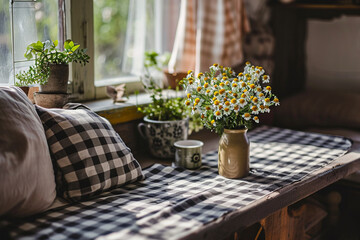 delightful photo showcasing a table adorned with a checkered tablecloth, fresh flowers, and cozy cushions, embodying the charming and welcoming essence of hugge style. Minimalistic