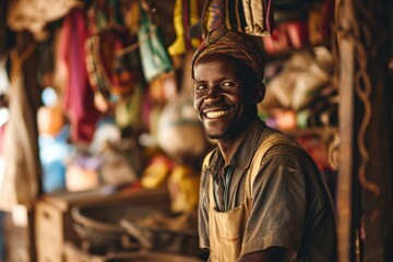 Portrait of happy african man seller who is standing on his workplace in market, 