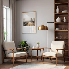 modern comfortable interior, Retro wooden chairs, clarity of details, high detailed, 8k