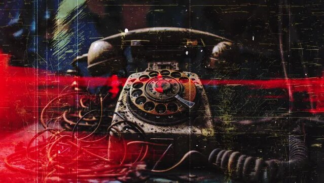 old antique vintage rotary telephones with a tangled mess of wires and cables 