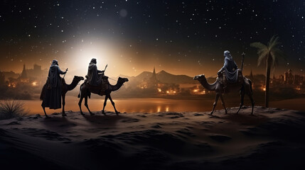 Holy night of Epiphany, three kings, Star of Bethlehem, dark blue background