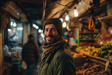 Obraz premium Portrait of happy european man seller who is standing on his workplace in market,
