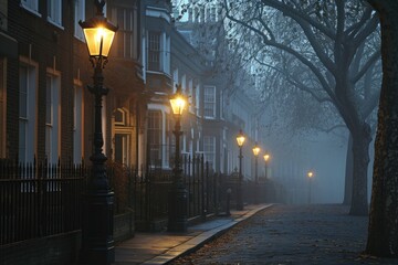 Foggy Victorian London street scene with historic architecture and gas lamps. - obrazy, fototapety, plakaty