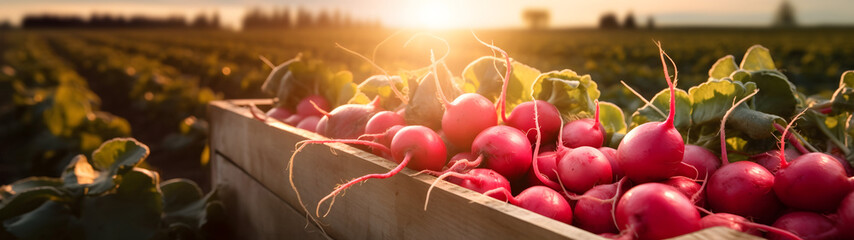 Radish harvested in a wooden box with field and sunset in the background. Natural organic fruit abundance. Agriculture, healthy and natural food concept. Horizontal composition, banner.