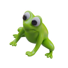 Side view on cartoon green frog. Tailless amphibian on white background. Animal sitting and ready to jump. Cartoon hungry frog. Vector illustration in 3d style