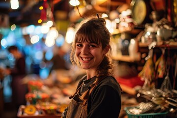 Obraz premium Portrait of happy european woman seller who is standing on his workplace in market, 