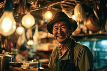 Obraz premium Portrait of happy japanese man seller who is standing on his workplace in market, 