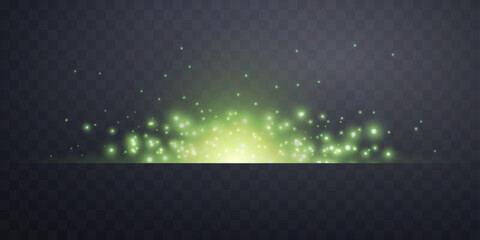 Green horizontal lensflare. Light flash with rays or green spotlight. Glow flare light effect. Vector illustration. Isolated on dark transparent background