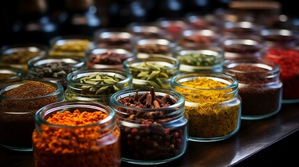 Aromatic spices and herbs close-up. AI generate illustration