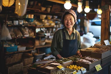 Foto op Plexiglas Portrait of happy japanese woman seller who is standing on his workplace in market,  © Jiwa_Visual