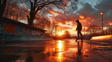 Rolgordijnen Silhouette of a skateboarder street skateboard © CreatieveART