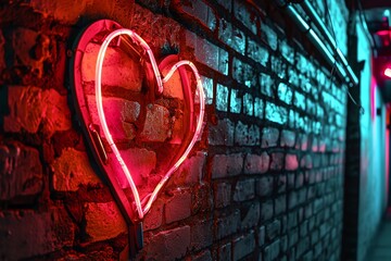 a red heart shaped neon sign on a brick wall