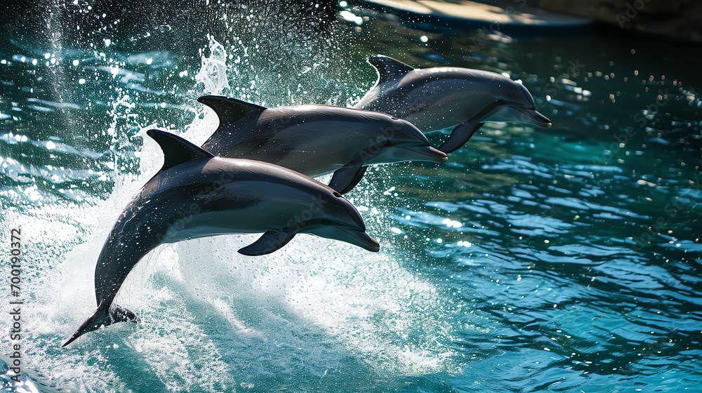 Wall mural a group of dolphins jumping out of water