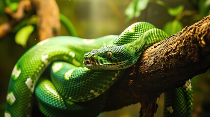 a green snake on a branch