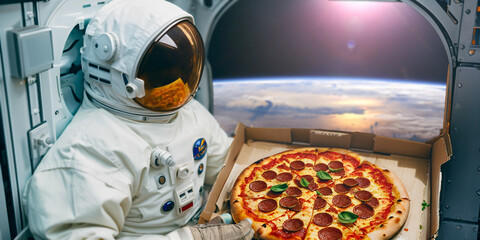 An astronaut in earth orbit holding a box of pizza. An illustration on the topic of delivering food or pizza wherever you go. AI generated