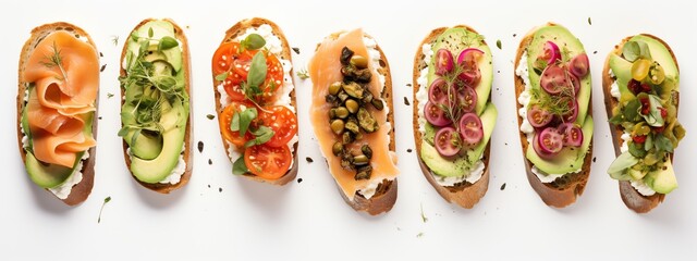 a group of toasts with different toppings