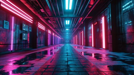 a hallway with pink and blue lights