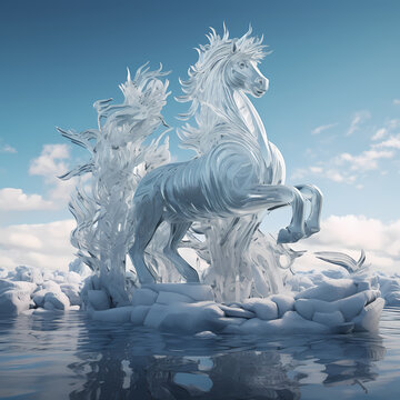 Winter landscape with ice sculptures resembling mythical creatures.