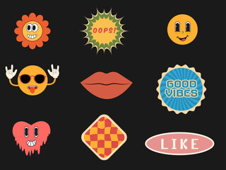 Retro comic vintage 70s hippy style stickers pack. Funny trendy y2k characters set