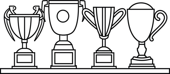 black trophy cup set, modern line art illustration vector, winner award, champion prize, achievement cup, victory symbol, first place cup, stylish trophy icon, sports competition,  winning concept,