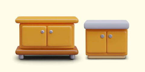 3D bedside table and chest of drawers with doors. Closed kitchen cabinet. Different types of home furniture with table top. Set of vector illustrations on colored background