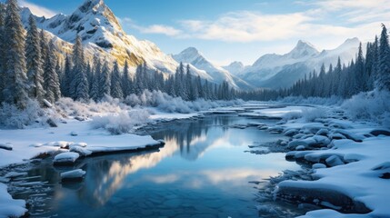 Fototapeta na wymiar Panorama landscape of mountain river in winter with snow and ice