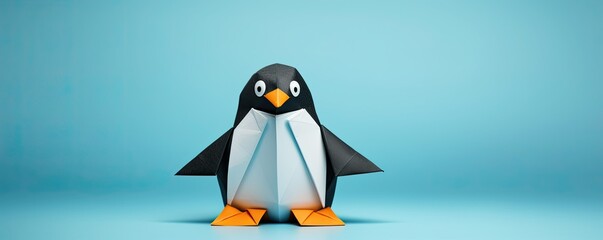 Funny and cute origami penguin isolated on blue background with copy space. Folded paper bird sculpture