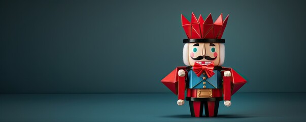 Fototapeta premium Origami nutcracker figurine isolated on dark background. Nutcracker banner with copy space