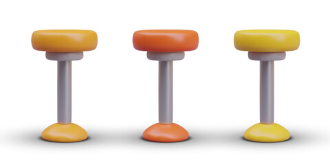 Round high backless chairs, front view. Set of options in different colors. Choice of fabric and leather upholstery. Illustrations for furniture store. Bar stool on metal leg