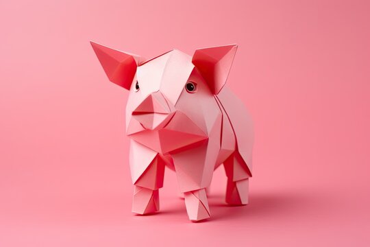 Pink origami pig isolated on pink background. Folded paper piglet sculpture