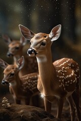 Close up of a baby deer in the autumn forest at sunset