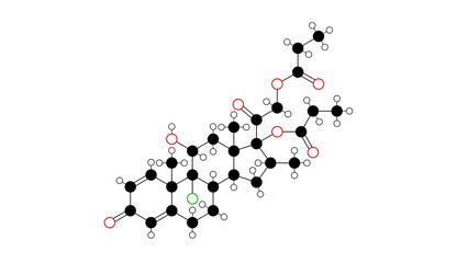 beclomethasone dipropionate molecule, structural chemical formula, ball-and-stick model, isolated image steroid ester