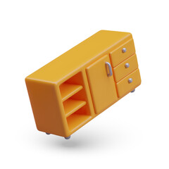 Side view on furniture for home or office in realistic style. Commode with doors and open and closed shelves. Vector illustration in 3d style with shadow