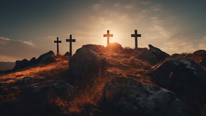 three crosses on top of hill with the sun gleaming behind them Generative AI - obrazy, fototapety, plakaty