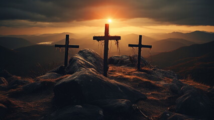 three crosses on top of hill with the sun gleaming behind them Generative AI - obrazy, fototapety, plakaty