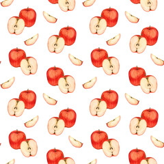 Seamless watercolor pattern. Red, ripe apples, half an apple with seeds and slices hand-drawn in watercolor on a white background. Suitable for printing on fabric and paper, for kitchen decoration