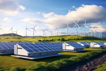 3D illustration of renewable energy battery farm with wind and solar power technology. Generative AI